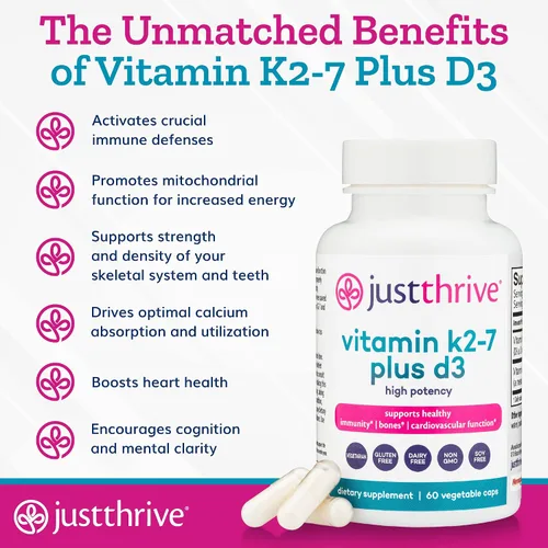 Miniatura 4 de Just Thrive Vitamina K2-7 Plus D3 - Suplemento para la salud inmunológica, cardíaca y ósea, 60 cápsulas vegetales