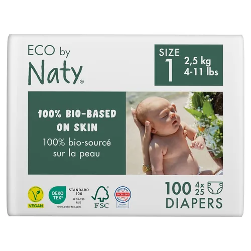 Eco by Naty - Pañales ecológicos a base de plantas, ideales para pieles sensibles del bebé y ayuda a prevenir fugas (talla 1, 100 unidades)