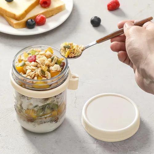Miniatura 5 de LANDNEOO Paquete de 4 Recipientes para Avena Nocturna con Tapas y Cucharas, Frascos de Vidrio Mason de 16 oz con Tapas Herméticas, Frascos para Beige