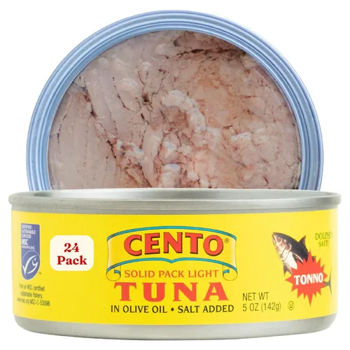 Cento Solid Pack - Atún ligero en aceite de oliva, 5 onzas (paquete de 24) alto en proteínas, certificado MSC, capturado en la naturaleza,