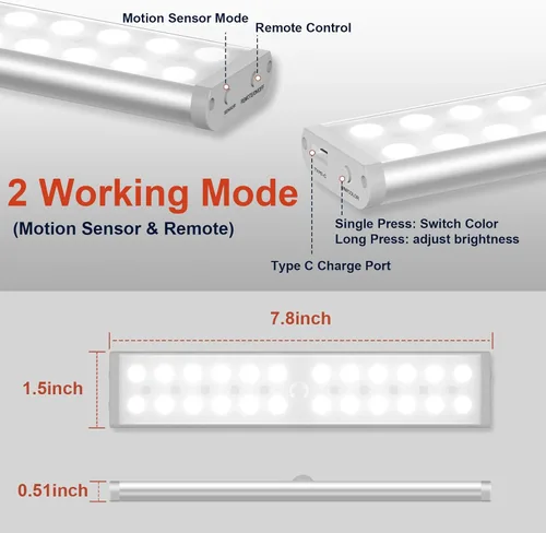 Miniatura 2 de 58 luces LED para debajo del gabinete, luz recargable RGB con sensor de movimiento para interior, luces nocturnas con control remoto, pack de 2
