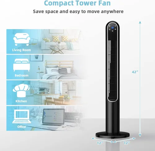 Miniatura 9 de Tangkula Ventilador de torre de 42 pulgadas con control remoto, ventilador de pie oscilante de 80˚ con pantalla LED, temporizador de 12 horas y 3