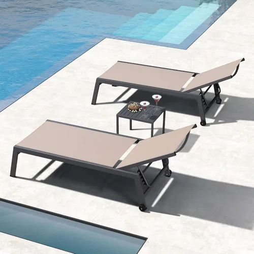 Miniatura 15 de PURPLE LEAF Juego de tumbonas para exteriores para 2 sillas de piscina de gran tamaño con ruedas fáciles de mover y respaldo ajustable, tumbonas