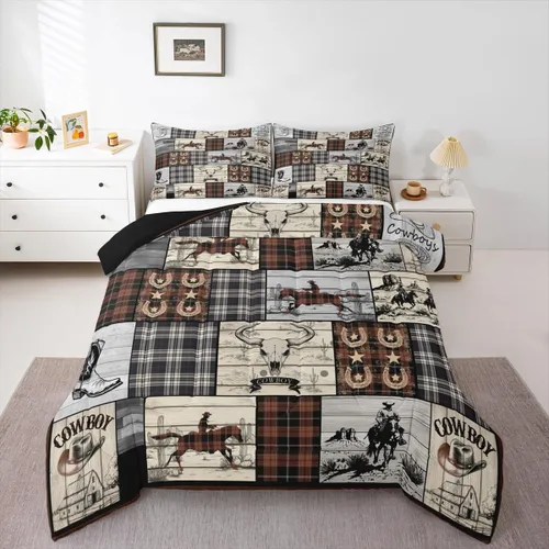 Miniatura 24 de Juego de edredón de vaquero, tamaño King, juego de ropa de cama de herradura con estrellas del oeste de Texas para adultos, hombres y niños, ropa