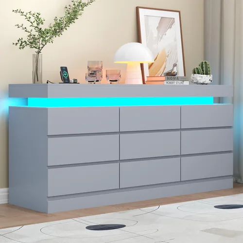 Miniatura 13 de Gyfimoie Cómoda de 9 cajones con toma de corriente, cómoda con luz LED, cómoda moderna para armario, gabinete organizador de cajones doble ancho
