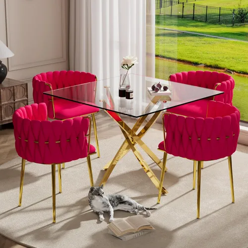 Miniatura 14 de RGZ Juego de mesa de cocina cuadrada minimalista moderna de 3 piezas, mesa de comedor de vidrio transparente con sillas tejidas negras, juego de 2