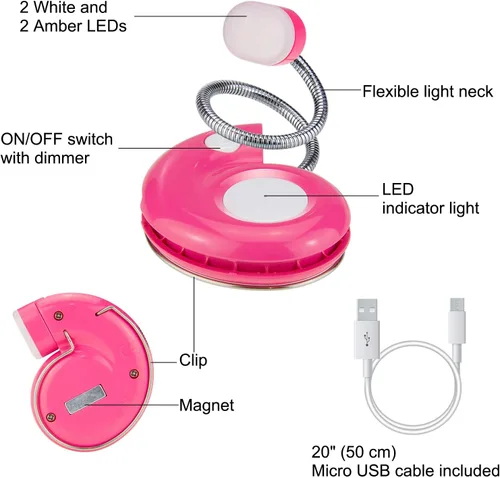 Miniatura 2 de Luz de libro, lámpara LED de lectura con clip, recargable por USB, 3 brillos regulables, magenta