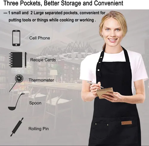 Miniatura 4 de Delantales para mujeres y hombres con bolsillos, correas ajustables, impermeable, lona para cocina, cocinero, camarera, servidor