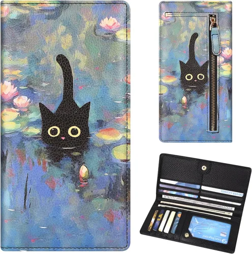 Miniatura 17 de Billetera para mujer, billetera RFID extradelgada, bolso plegable de cuero, con 11 ranuras para tarjetas y ventana de identificación, lindo monedero