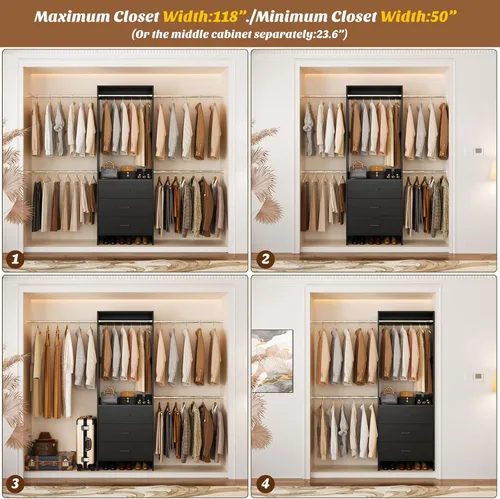 Miniatura 6 de Aheaplus Sistema de Armario con 3 Cajones de Madera, Organizador de Vestuario con Entrada, Estante de Ropa con 4 Barras para Colgar, Perchero, -4R