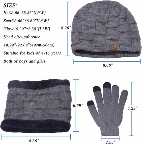 Miniatura 5 de KMOLY Gorro de invierno para niños, bufanda y pantalla táctil, juego de guantes para niños y niñas de 4 a 15 años, gorro de calavera, gorro de punto