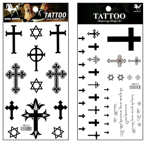 Juego de 2 hojas cruzadas de crucifijo temporal tatuajes para hombres y mujeres, decoración de diseño, cuerpo sexy, suministros falsos para fiestas,