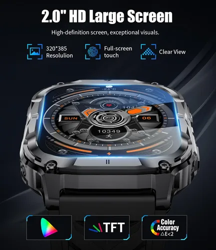 Miniatura 3 de Reloj inteligente militar 2.0" para hombre con linterna, hacer/responder llamadas, 1000 mAh, IP68 impermeable, más de 100 modos deportivos