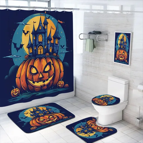 Miniatura 9 de Juego de 4 cortinas de ducha de Halloween con alfombra, cubierta para tapa de inodoro y tapete de baño, diseño de fantasmas de dibujos animados