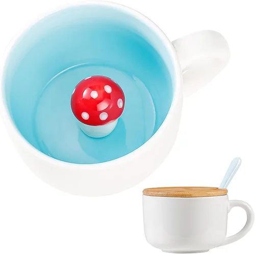 Miniatura 18 de BigNoseDeer Taza Bonita de Dinosaurio Taza de Café de Cerámica con Dinosaurio de Dibujos Animados 3D en el Interior, Tazas Divertidas con Tapa