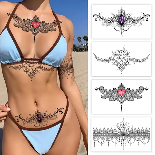 Miniatura 3 de Roarhowl Tatuajes de encaje, juego de tatuajes temporales sexy grande, tatuajes temporales para mujeres, vientre, espalda, cintura, muslo, arte
