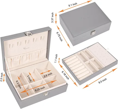 Miniatura 6 de Voova - Joyero organizador para mujeres y niñas, 2 capas de almacenamiento de joyas grandes para hombres, soporte para joyas de piel sintética