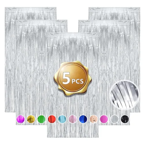 Miniatura 11 de Paquete de 5 cortinas de oropel con flecos de papel de aluminio, con purpurina, para boda, 3.28 pies x 6.56 pies, oropel metálico para boda