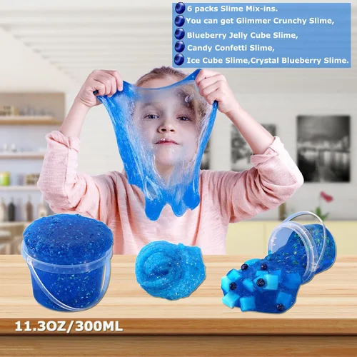Miniatura 2 de Slime Cristalino Crujiente con Brillo de Cubo de Gelatina Azul Arándano Prefabricado, Incluye 6 Juegos de Complementos, Estimulación Sensorial