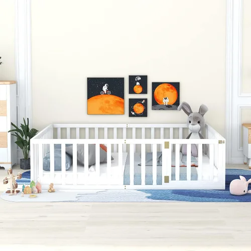 Miniatura 4 de Harper & Bright Designs Cama de suelo Queen con rieles, marco de cama de piso de madera con valla y puerta, para niños y niñas (blanco)