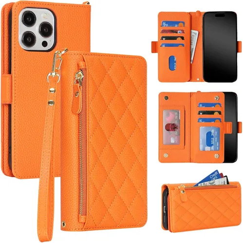 Miniatura 24 de Funda compatible con iPhone 13 Pro Max para Apple 12 Pro Max, piel sintética naranja, rombo para mujeres y hombres, bolsillo con cremallera