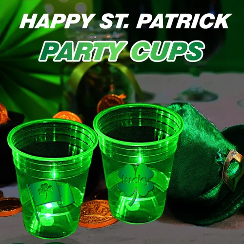 Miniatura 5 de mishunyus 24 tazas brillantes del día de San Patricio, tazas de fiesta de trébol con luces LED, vasos de plástico de 16 onzas para decoración