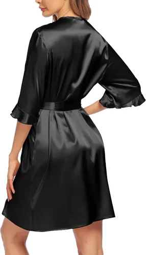 Miniatura 3 de Ekouaer Bata de satén para mujer, lencería de San Valentín para mujer, kimono, bata corta con volantes, cinturón, ropa de dormir para damas de honor