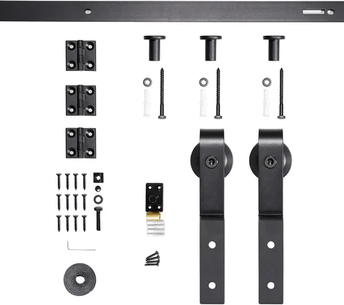 Miniatura 4 de Kit de herrajes para puerta de granero plegable de 52 pulgadas para 2 puertas, rodillo resistente montado en riel negro y en la parte superior, kit
