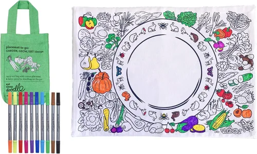 eatsleepdoodle Mantel individual de frutas y verduras en su propia bolsa de algodón para colorear, cuenta con un divertido mantel individual