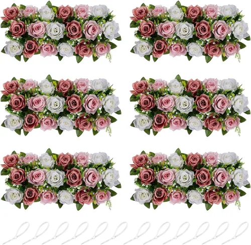Miniatura 12 de NUPTIO Centros de mesa de flores artificiales para mesas, 6 unidades, color borgoña, rosa polvorienta y blanco cremoso, arreglos de rosas falsas
