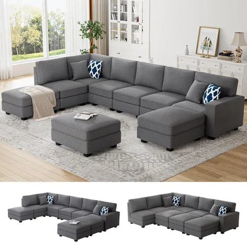 Miniatura 32 de Legend Vansen - Sofá modular seccional en forma de U con otomano, moderno, reversible, de esquina, para sala de estar (Créma, Sofá en forma de U-3)