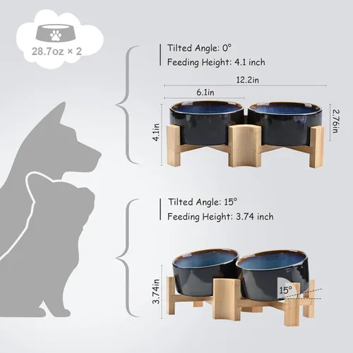 Miniatura 3 de SPUNKYJUNKY Cuenco de cerámica inclinado de 15° para perros y gatos con soporte de madera, cuenco inclinado para comida y agua para bulldog Azul