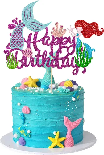 Miniatura 10 de Gyufise 1 pieza de decoración de pastel de sirena de feliz cumpleaños con purpurina de animales del océano, conchas marinas, cola de sirena