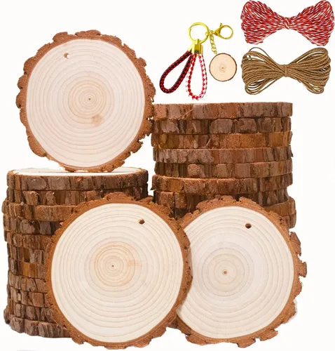 Miniatura 7 de SENMUT - 30 piezas de madera natural de 3.5 a 4.0 pulgadas, círculos de madera sin terminar, adornos navideños de madera para manualidades, kit