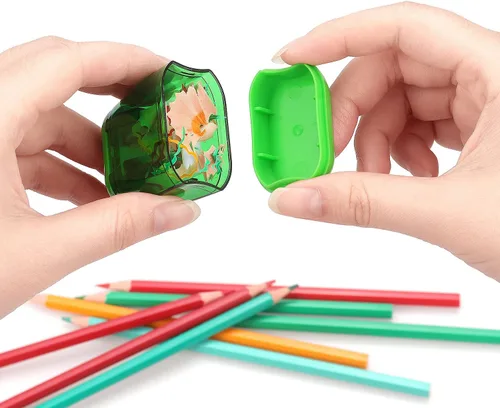 Miniatura 4 de Paquete de 4 sacapuntas manuales de doble agujero con tapa para niños, escuela, oficina, hogar (azul, verde, naranja, rosa)