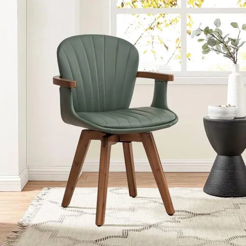 Miniatura 9 de LUNLING Sillas de comedor giratorias, sillas de cocina modernas de cuero sintético negro de mediados de siglo con brazos, patas de bambú, sillas