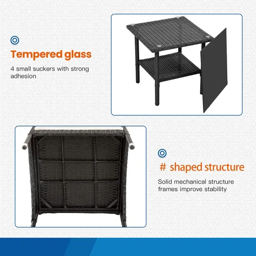 Miniatura 3 de FDW Juego de muebles de patio de 3 piezas Negro Muebles de mimbre para exteriores con mesa de café Juego de sillas de ratán moderno