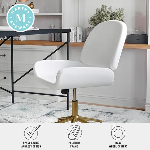 Miniatura 5 de Martha Stewart Tyla Silla giratoria sin brazos para oficina en casa en piel sintética blanca con marco de latón pulido Piel sintética blanca/latón