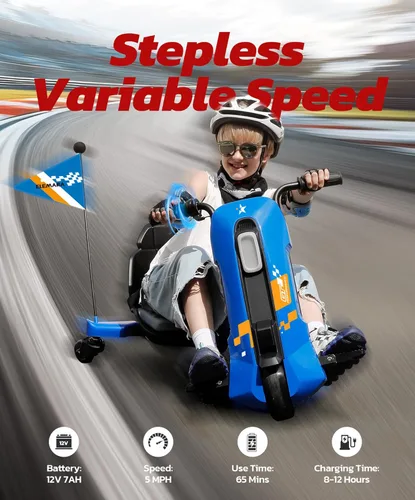 Miniatura 3 de ELEMARA Kart de deriva con velocidad sin escalones, carritos de deriva de 12V para niños con asiento ajustable, kart para niños de 5 MPH con música