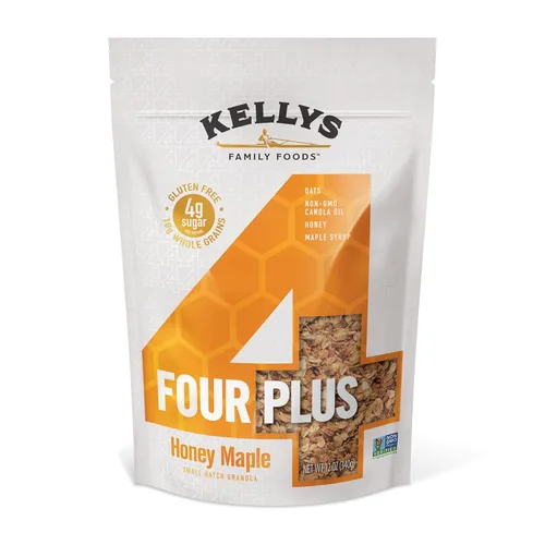 Kellys Four Plus Granola Cereal | Granola saludable de arce miel para yogur | Snacks hechos a mano para el desayuno – 12 onzas