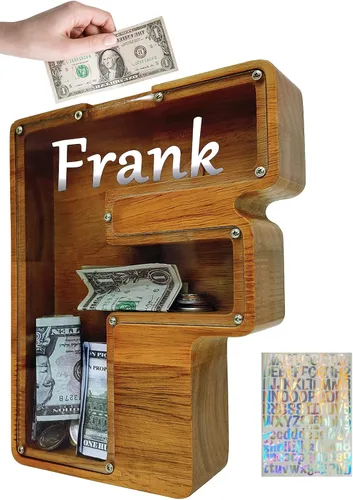Miniatura 62 de Alcancía para niños y niñas, alcancía grande de madera personalizada con diseño recortado, bancos de monedas con letras del alfabeto, caja de ahorro