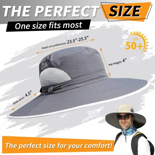 Miniatura 5 de 【Gran tamaño XXL y ala ancha】 Sombreros de sol para hombre, UPF50+resistente al agua: sombrero de pesca Boonie para senderismo, safari, playa, jardín