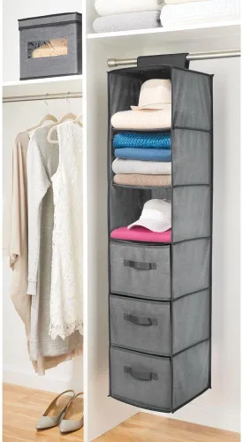 Miniatura 2 de mDesign Organizador de almacenamiento largo y suave para colgar sobre el armario, con 3 estantes y 3 cajones para ropa, leggings, lencería