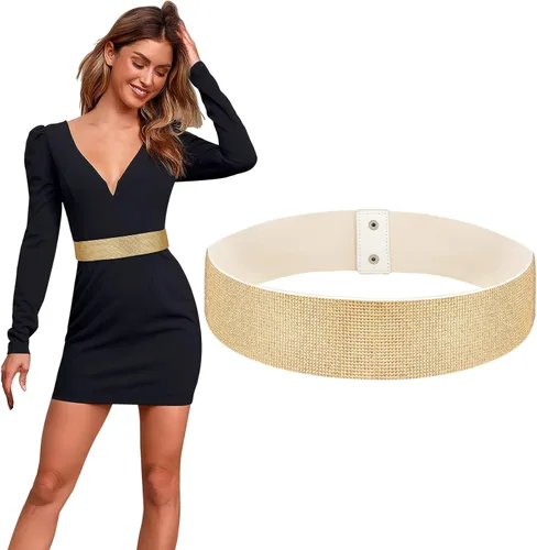Miniatura 8 de WERFORU Cinturón de vestir elástico ancho con diamantes de imitación para mujer, cinturón de cintura de fiesta brillante