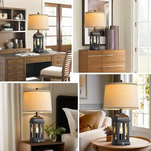 Miniatura 7 de QiMH Lámpara de mesa para sala de estar, lámparas de granja con USB A+C y luz nocturna, lámparas de noche rústicas de 26" con control táctil