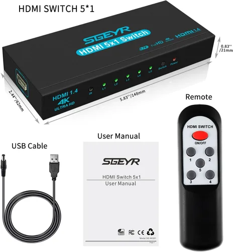 Miniatura 7 de Conmutador HDMI SGEYR 5x1, conmutador HDMI 5 en 1, selector HDMI de 5 puertos, caja con control remoto IR, HDMI 1.4, HDCP 1.4, compatible