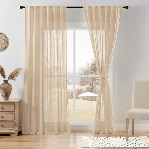 Miniatura 19 de DWCN Cortinas traslúcidas de lino floral, bolsillo para barra y pestaña trasera, cortina de mezcla de lino para dormitorio, sala de estar, cortinas