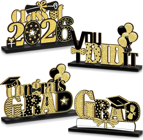 4 piezas de decoraciones de fiesta de graduación 2026 de madera para la clase de 2026, centros de mesa de graduación para graduación de secundaria,