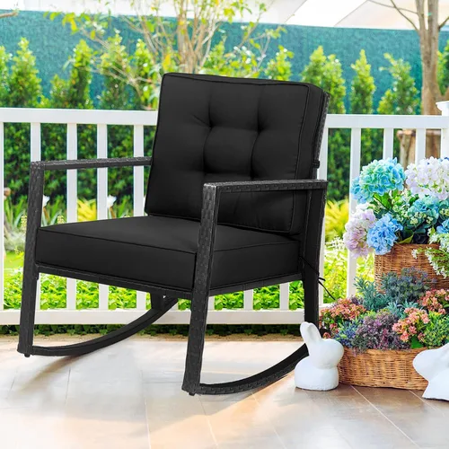 RELAX4LIFE Mecedora de mimbre para exteriores – Silla mecedora de ratán para todo tipo de clima, con marco de acero, cojines extraíbles y