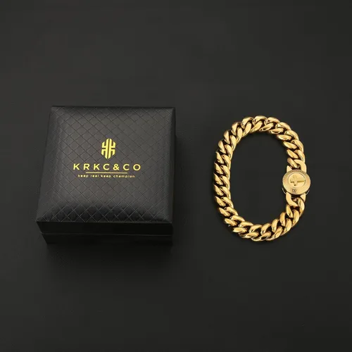 Miniatura 6 de KRKC&CO - Pulsera de eslabones cubanos de 12/0.551 in para hombre, chapada en oro de 18 quilates, cruz, brújula, calaveras redondas, cierre tallado